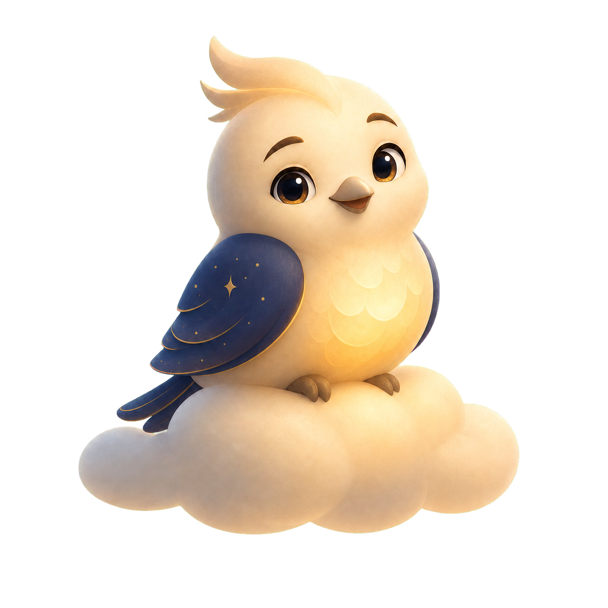 Luna, a warm cream-colored bird companion sitting on a cloud